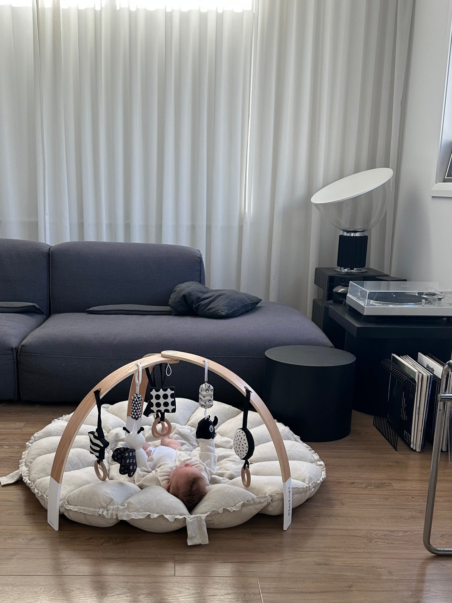 Living room with a gray sofa, coffee table, and decorative items.